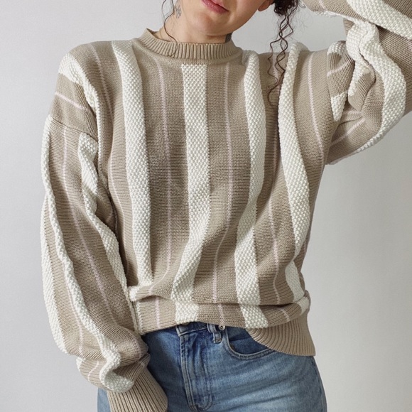 Vintage Sweaters - VINTAGE Multi Texture Pullover Taupe White Pink